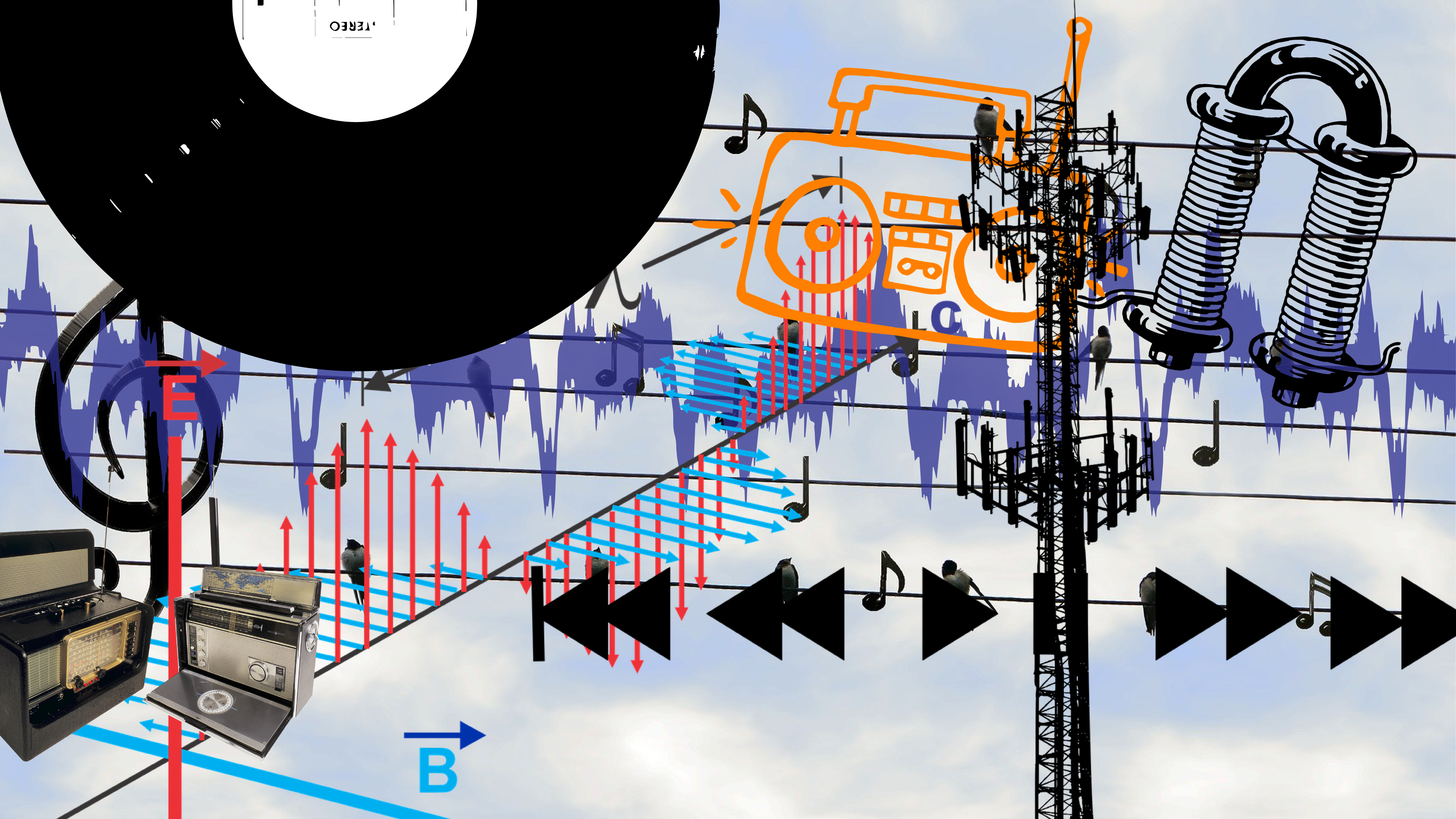 collage of radio elements, birds on telephone line, vinyl in top left, play buttons, sound wave vectors