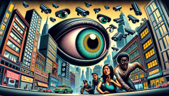 DALL·E 2023-12-16 10.09.18 - A tabloid newspaper-style illustration for the article 'Privacy in the Age of Surveillance'. The image showcases a large, ominous eye symbolizing surv