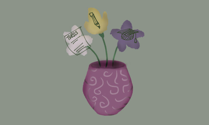 diary undergrad thesis Drawing of a flowerpot with a thesis, pencil, and grad cap.
