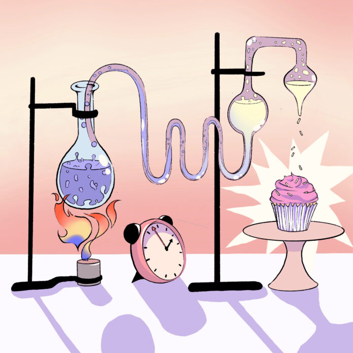 Science of baking Cartoon lab work to create a cupcake