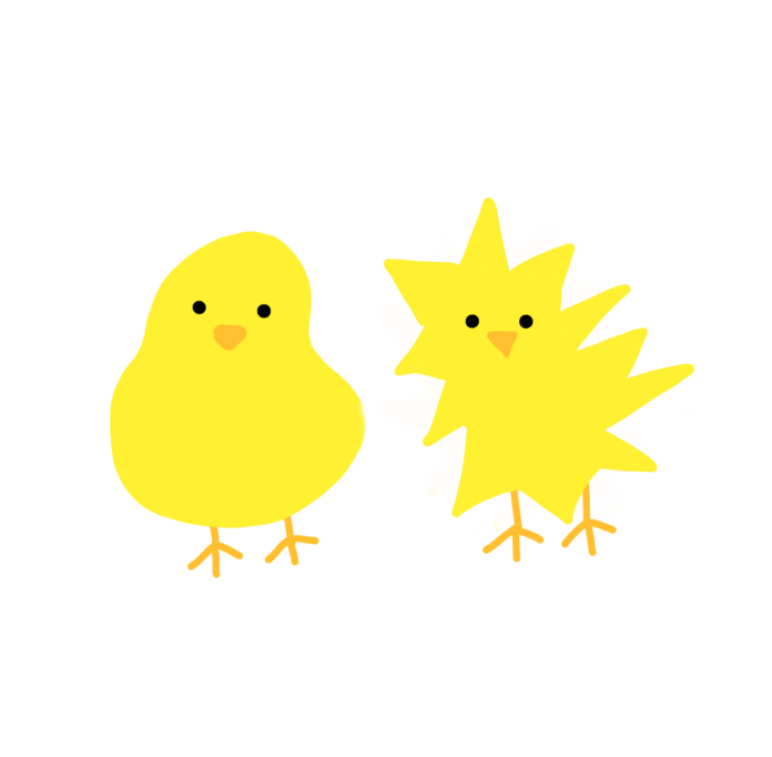 bouba-kiki chicks Two simple illustrated chicks. The right one is round, and the left one is spiky.